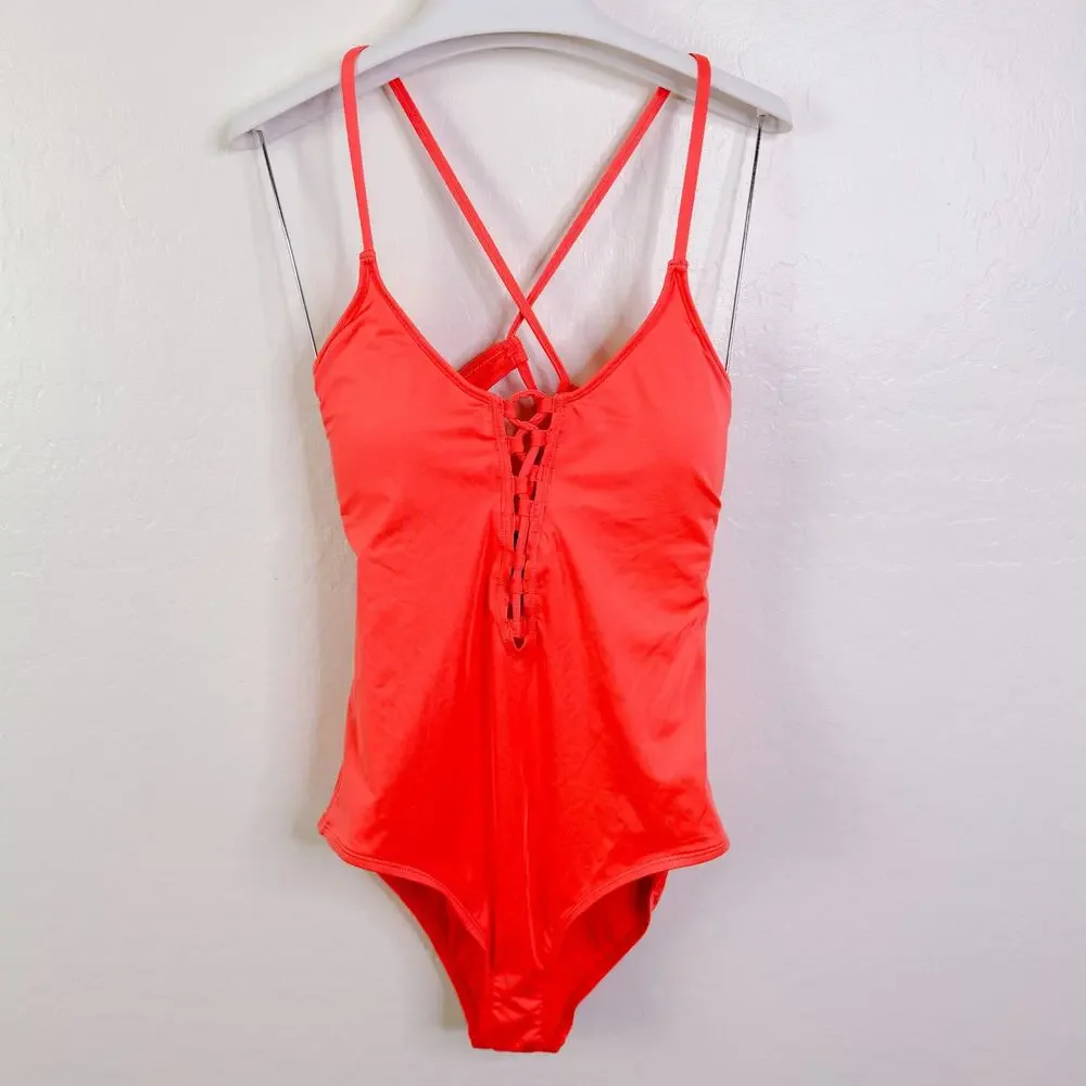 Laundry by Design Plunge Lace Up One Piece Swimsuit Swimwear Coral Medium NWT